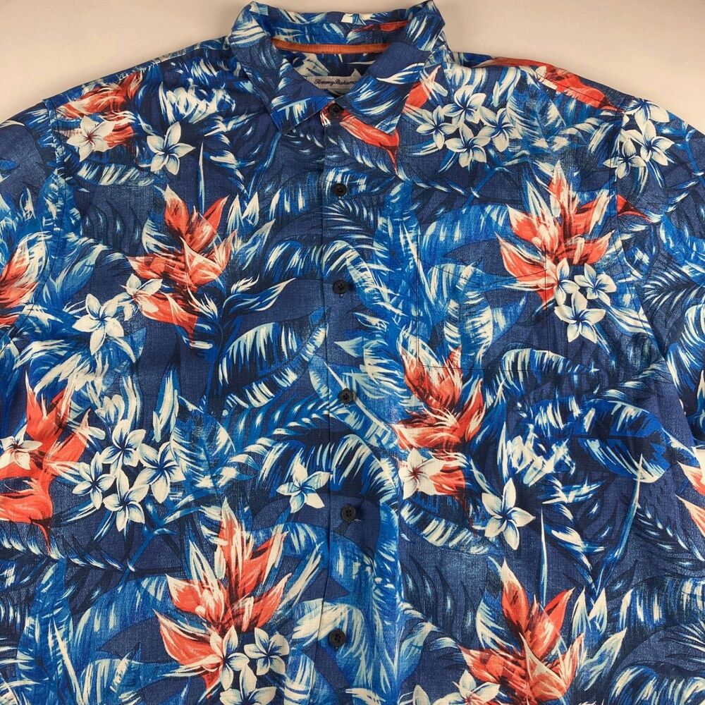 Tommy Bahama 3XLB Silk Hawaiian Shirt Blue Floral Tropical Camp Big Tall